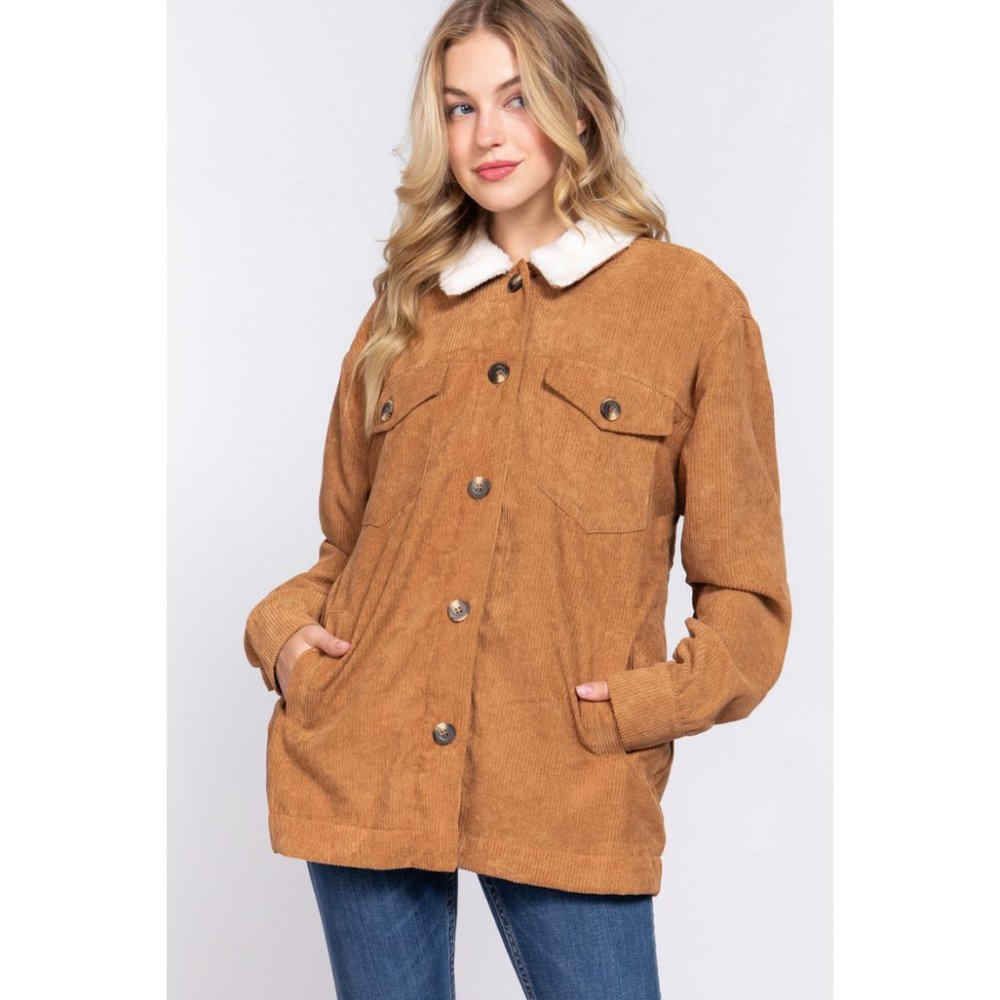 Camel Long Sleeve Inside Faux Fur with Pocket Corduroy Sherpa Jacket NWT - Picture 3 of 7